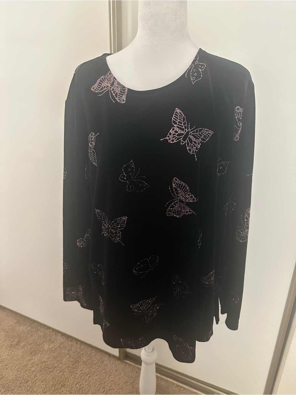 Notations Black Velvet Long Sleeve Top with Pink Butterfly Sparkle